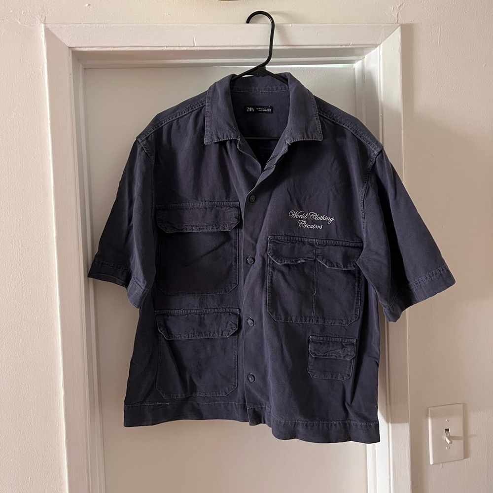Zara Navy Short-Sleeve Work Shirt